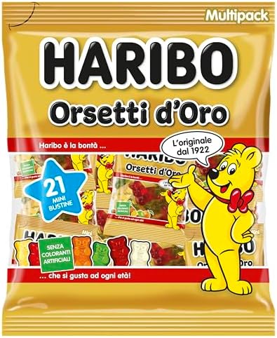 Haribo Orsetti D'Oro Multipack, 21 Mini Bustine Da 12gr, Caramelle Gommose, Gusto Frutta, Ideali Per Una Festa Di Compleanno - 250gr