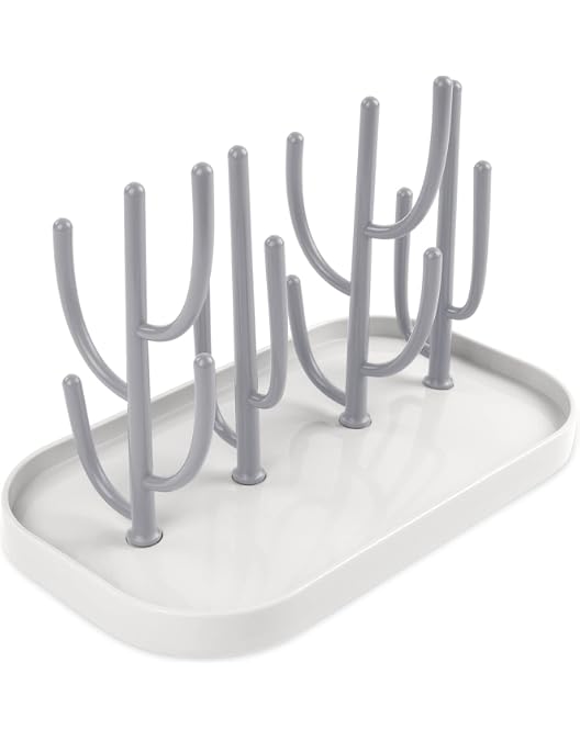 Séchoir à Biberons Avec Couvercle - Bac Amovible, 6 Supports - En Plastique PP, Blanc/gris/marron - Pour Stérilisation Et Rangement - 3