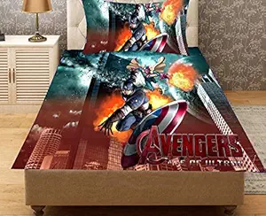 GS Traders Cotton Modern 3D Single Bedsheet with One Pillow Cover Velvet Fabric (60x90 Inches, Avengers)