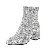  Coolulu Damen Reißverschluss Ankle Boots Glitzer Stiefeletten mit Blockabsatz Hochzeit Braut Winter Stiefel Schuhe (Silber,40)