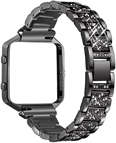 Fitbit Blaze Strap Metal, WEIO Fitbit Blaze Strap and Frame Metal Bands With Blaze Strap Rhinestone Stainless Steel Frame Replacement Accessory Bracelet Black (Black, 5.5"-8.1")