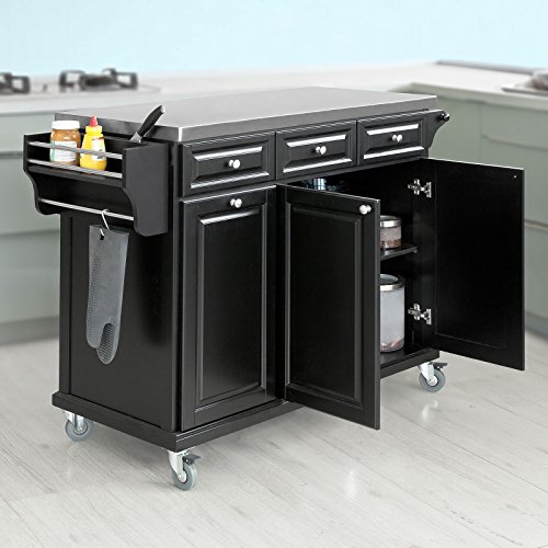 SoBuy® FKW33-SCH Neu Luxus-Küchenwagen mit Edelstahlplatte,Servierwagen, Rollwagen, mit Ablage für Mülleimer, Abfalleimer, schwarz,FKW33-SCH - 2