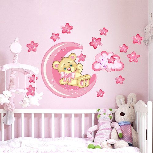 wall art r00317 Pegatinas de Pared para niños, pequeño Oso Buena de Noche de Luna, 60 x 40 x 0,1 cm, Color Rosa