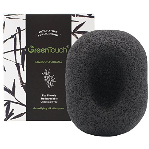 GreenTouch All Natural Konjac Facial & Body Sponge with Activated Bamboo Charcoal | Remove the Oily & Exfoliating | Oval-shaped Deep Cleansing | Plant Fiber 100% Biodegradable | Black