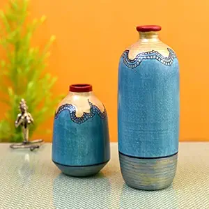 Aakriti Art Creations Turquoise Blue Golden Glaze Vase Set of 2 (10.5x4/6.5x4 Dia)