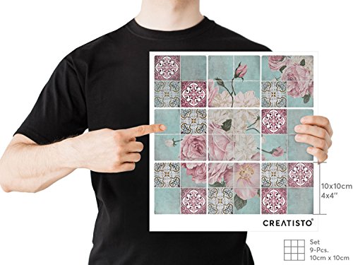 Fliesenaufkleber Dekor-Fliesen – CREATISTO Fliesenfolie | Selbstklebende Aufkleber Folie Fliesen Sticker für Badfliesen Küchen Wandfliesen | 10×10 cm – Muster Durch die Blume – 9 Stück - 4