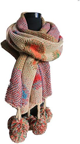 Cute Handmade Knitted Polka-dot Scarf Beige Winter Reversible Long Shawl With Ball