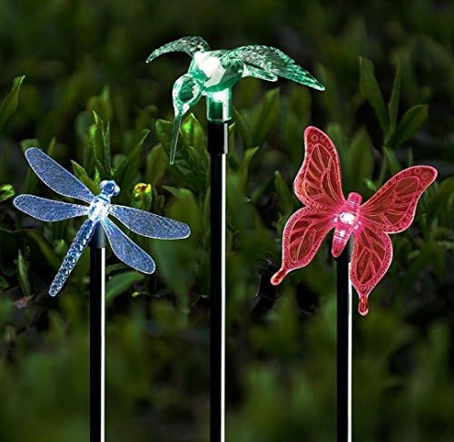 MLFMHR 3pcs Colorful Color Changing LED Solar Garden Lights, Butterfly, Dragonflies, Hummingbird Piles Mixed Outdoor Garden Channel Patio Landscape Decorative Lights