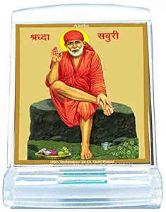 AASHTA Classic Die Molded Acrylic 24K Gold Plated Foil Sai Baba Photo Frame for Car Dashboard | Study Table | Pooja Room | Office