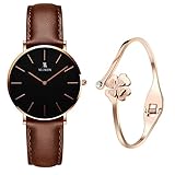 XLORDX Classic Damenuhr Analog Quarz Braun Leder Schwarz mit Rosegold Armband