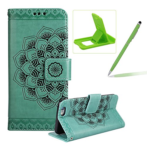 FÃ¼r iPhone 6 Plus/6S Plus 5.5Zoll Flip PU Leder Brieftasche, Herzzer Klassisch Jahrgang [Mandala Blume Muster] Tasche Handy Case Schutz HÃ¼llen im Bookstyle HandyhÃ¼lle Ledertasche mit Stand Funktion KartenfÃ¤cher Magnetverschluss Magnet Etui Schale SchutzhÃ¼llen Handytasche FÃ¼r iPhone 6 Plus/6S Plus 5.5Zoll + 1 x Free Handy Halter Stand + 1 x Free Touch Pen Stylus Stift - GrÃ¼n