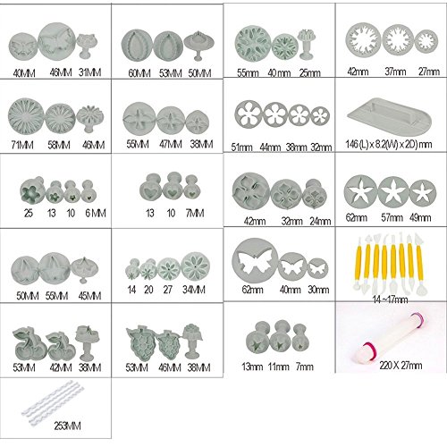 SUNJAS 68tlg Modellierwerkzeug Herz Traube Kirsche Stern Ausstecher Ausstechform Stempel Glätter Fondant Torten Kuchen Keks Plätzchen Marzipan Kit Set Deko - 4
