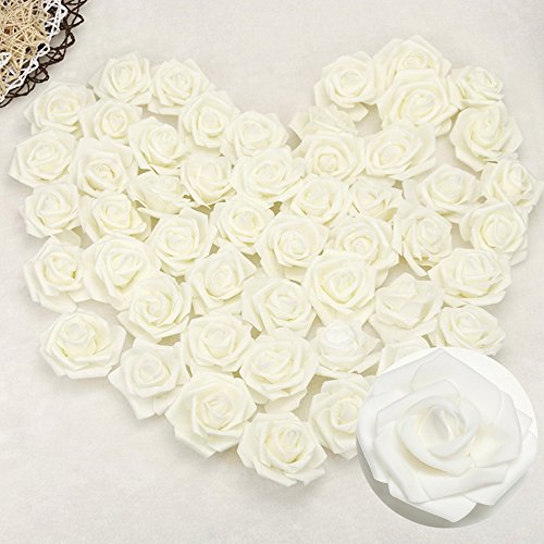 100pcs 2.8inch Foam Rose Heads Artificial Flowers White Real Looking Wedding Bride Bouquet Party Baby Shower Home Decor DIY 6cm