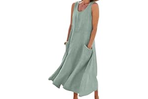 ROFUSSO Abito Estivo Vestito Donna in Lino e Cotone Maxi Abito Senza Maniche Abito da Spiaggia Casual a Girocollo Elegante Abito a Canotta Boho con Tasche