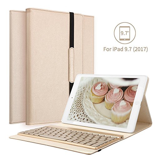 kvago iPad 9,7 Tastatur Fall, Slim Dünn 7 Farben Hintergrundbeleuchtung Abnehmbare Tastatur Fall + Displayschutzfolie + Eingabestift Slim Dünne Stilvolle Luxus Abnehmbare Wireless Bluetooth-Tastatur Dreifach Faltbar PU Leder Flip Case Smart Cover Tastatur mit Hintergrundbeleuchtung für Apple neue iPad 24,6 cm 2017 (Modellnummer A1822)