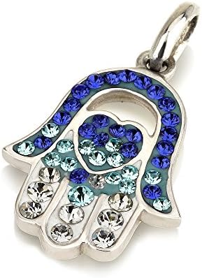 Hamsa Hart Pendant in 925 Silver With Mix Blue Gemstones + 925 Sterling Silver Chain