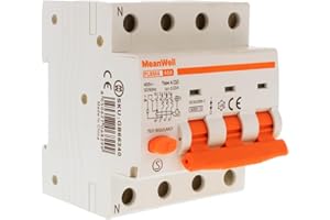 MeanWell Interruttore Magnetotermico Differenziale Trifase Tipo A 30mA, RCBO 3P+N C40 40A, Curva C 6000A 380V, 4 Poli Da 4 Moduli Barra DIN
