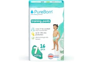 PureBorn Couches-Culottes Premium Pants, Taille 7 (17+ kg), 16 Culottes Bébé, Protection Supérieure Jour et Nuit, Hypoallergénique, Ultra Douces, Indicateur d'humidité