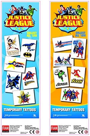 10 Sheets Of Justice League Tattoo's, 4 Inch x 3 inch In Size. Ideal for Party Bag Fillers / Fillings / Favours and Pinata Prizes.