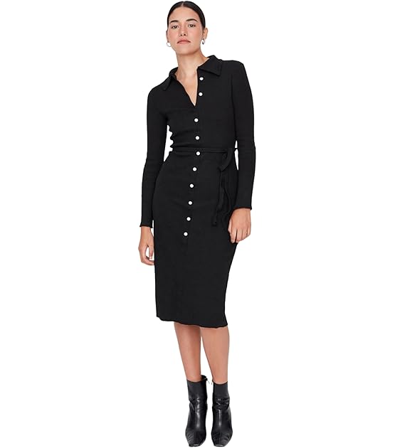Damen Midi, Figurbetont, Umlegekragen Kleid