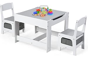 Maxmass 3PCS Kids Table and Chair Set, Wooden Toddler Play Table with Removable Double Side Tabletop, Storage Drawers, Children Activity Desk Furniture for Eating Drawing Reading Learning (Gray)