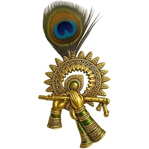 Handcrafted Krishna Flute Brooch with Peacock Feather | Decorative Metal Lapel Pin for Men | Traditional Pagdi & Coat Accessory | Ethnic Jewellery for Weddings & Festivals