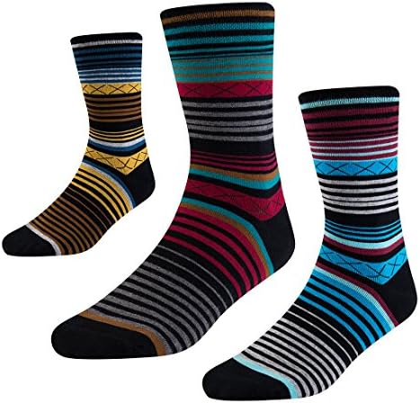 Mens Dress Socks-Striped Crew Socks with Funky Colorful Patterned-Combed Cotton UK Size 7-11 3 Pack SEESILY (1)