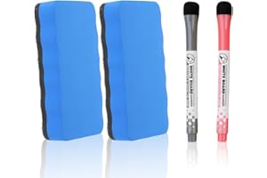 AFCJLTO 4pcs Whiteboard Sponge Magnetic Whiteboard Eraser + 2pcs Whiteboard Marker, Dry Eraser with Thick Felt Pad Microfibre Whiteboard Cleaner for Magnetic Board Writing Board