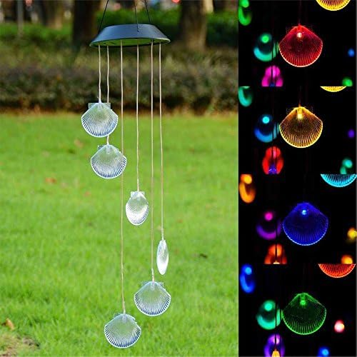 LED Wind Chime Light, Worldwell Color Changing Solar Powered Garden Wind Spinners, Shell Shape Decking Light Hanging Lamp for Window Garden