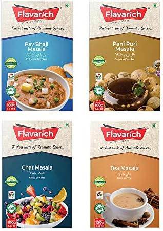 Flavarich Pav Bhaji Masala, Pani Puri Masala, Chat Masala, Tea Masala, 400 Grams (Pack of 4)