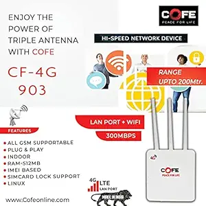COFE CF-4G 903 with 300Mbps Speed 4G Sim Wi-Fi Router, No Configuration Required, with Micro SIM Card Slot and 3 Antenna (512MB RAM, Grey)