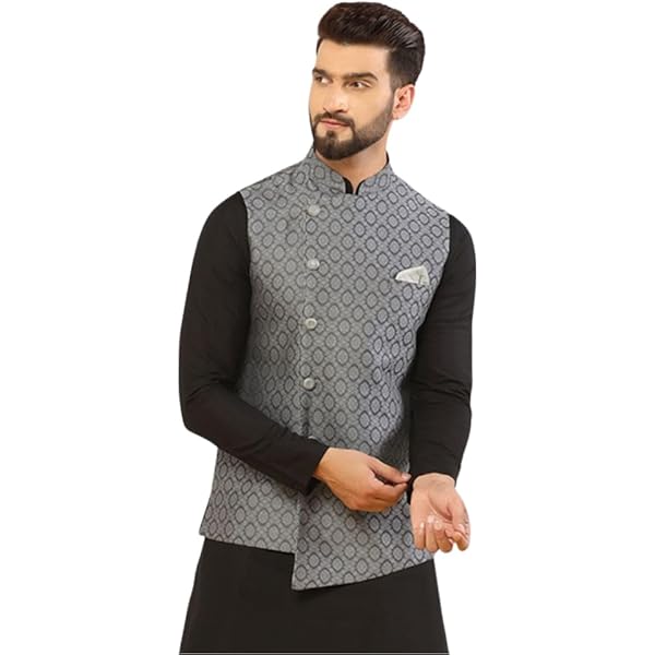 KISAH Men's Nehru Jacket - Black Silk Blend Sleeveless Waistcoat, Mandarin Collar, Regular Fit