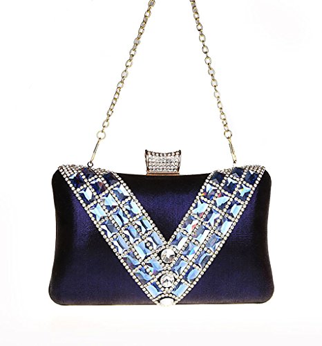 Shimmering V shaped Evening Rhinestone Clutch Purse Navy Blue Stylish Party Bag for Wedding