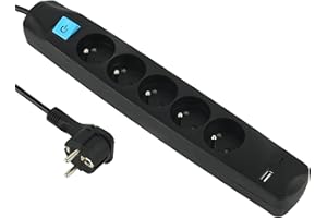 Electraline 35615 Bloc Multiprise 5 Prises Françaises + 2 USB 3.4A 17W A + 1 Type C, avec Interrupteur on/Off, Fiche Extra Plate 90° 16A, Câble 1.5M, Noir