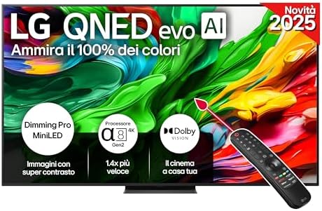 LG QNED evo AI QNED86 TV 75 pollici, Smart TV 4K, Processore α8 Gen2, Dimming Pro con MiniLED, webOS e telecomando puntatore con AI, Dolby Vision, Gaming con VRR e FreeSync 4K@144Hz, 75QNED86A6A 2025
