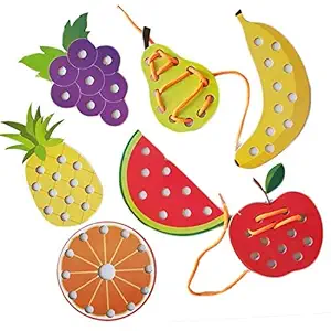 WONDRBOX Lacing Activity for Kids | Includes 7 Big Fruits Cardboard Cutouts and 2 Laces |Montessori Educational Toy for Age 2 and up- Multi Color