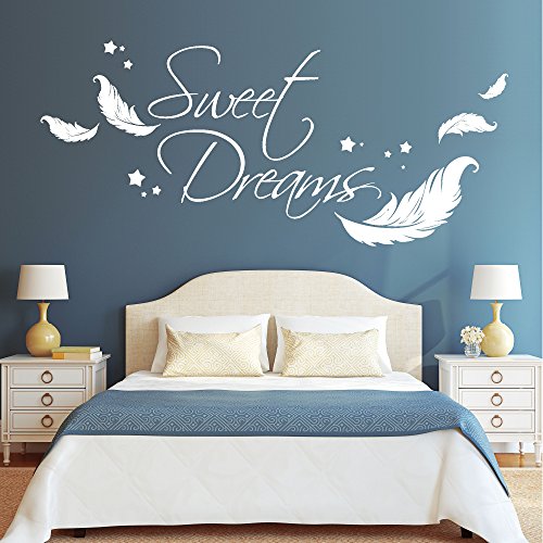 Wandtattoo Loft Wandaufkleber Schriftzug "Sweet Dreams" Zitat mit Federn und Sternen / 54 Farben / 3 Größen / weiß / 55 cm hoch x 125 cm breit