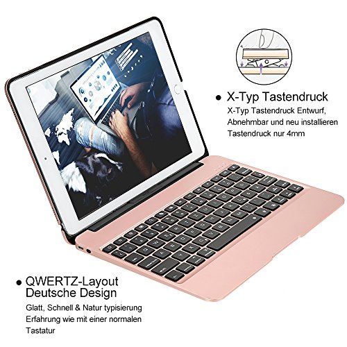 iPad Pro 9.7 Tastatur Fall, iEGrow F06 Dünn Aluminum Bluetooth Tastatur mit Schutzhülle Abdeckung und 7 Farbe Hintergrundbeleuchtung für iPad Air 2 und Pro 9.7 [QWERTZ deutsches Tastaturlayout] Rose Gold - 5
