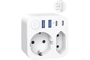 SUDEERY Gniazdko wtykowe z 4 portami USB (2 typ-C), 2-krotnym adapterem podróżnym Włochy, wtyczka podróżna Schuko na typ L do Syrii, Urugwaju, Chile, Malediwów, białe