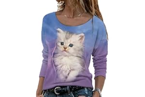 Onsoyours Maglia a Maniche Lunghe da Donna con Stampa di Gatto Felpa Basic Girocollo Stampa Pullover Top Autunno Inverno Tunica T-Shirt