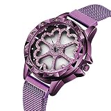 MENGZHEN 1PC Elegante Luxus-Damenuhr Einzigartige rotierende Blume Liebe Armbanduhr mit kreativem Magnet-Design Armband