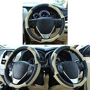 Oshotto SC-008 Leather Steering Cover Compatible with Honda City/Jazz/CRV/Brio Amaze - Black Beige