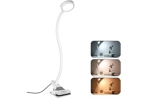 EYOCEAN Leselampe, LED Klemmleuchte, Schwanenhals Lampe, Kinder Nachttischlampe, 3 Farbmodi & 9 Helligkeitsstufen, Augenpflege Schreibtischlampe für Büro Heimgebrauch, Adapter Enthalten, 6W, Weiß
