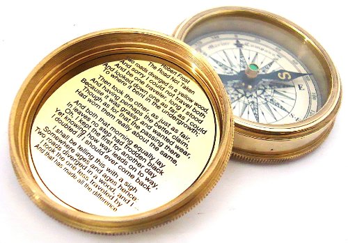 Brass Pocket Compass and Leather Case with Robert Frost Poem - Pocket Compass