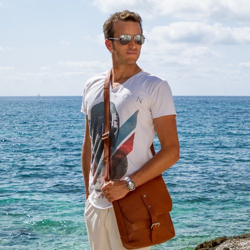 FEYNSINN Messenger Bag JACKSON – Umhängetasche fit für 11″, iPad – Kuriertasche – echt Leder hellbraun-cognac - 5