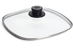 Woll Pokrywa ze szkła bezpiecznego, czworokątna, 26 x 26 cm, pokrywka ze stałym odpowietrzaniem, obramowanie ze stali nierdzewnej, przezroczysta, nadaje się do piekarnika do 250°