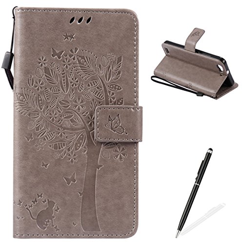 HUAWEI GR3 Hülle, Feeltech Premium Design PU Leder Beschützer Haut Schutzfolie Tasche, Geprägte Baum Katzen Schmetterlings Blumen Muster [with Free Stylus Pen] Kartenfächer Kreditkarte Holder Stand Funktion Magnetverschluss Bookstyle Flip Wallet Handyhülle für HUAWEI GR3 - Grau