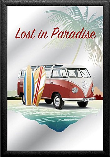 Empireposter - Volkswagen - Lost in Paradise - Bulli - Größe (cm), ca. 20x30 - Bedruckter Spiegel Bedruckter Wandspiegel mit schwarzem Kunststoffrahmen in Holzoptik
