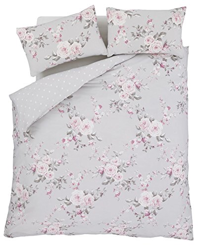 Grau Pink Rose Floral Bettwäsche Baumwolle-Mischgewebe reversibel Tröster Single Cover - 2