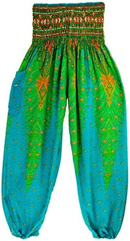 LHWY Men Women Unisex Thai Harem Trousers Floral Boho Festival Hippy Smock High Waist Yoga Pants Loose Trouser (Green)